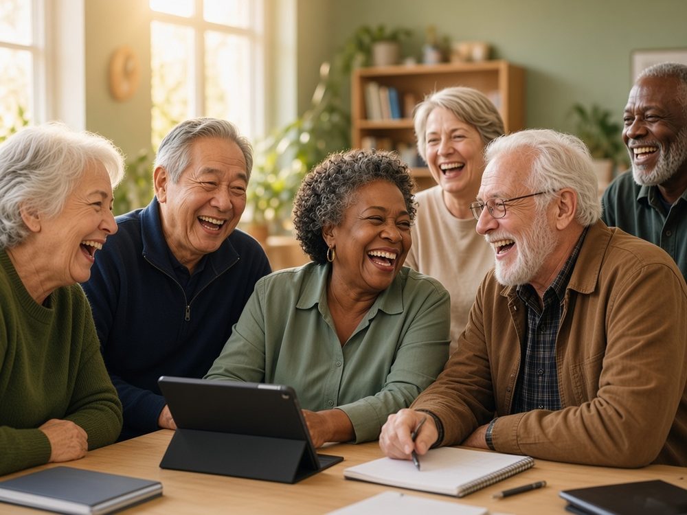 A diverse group of older adults laughs together around a table with a tablet and notebooks in a bright classroom.
