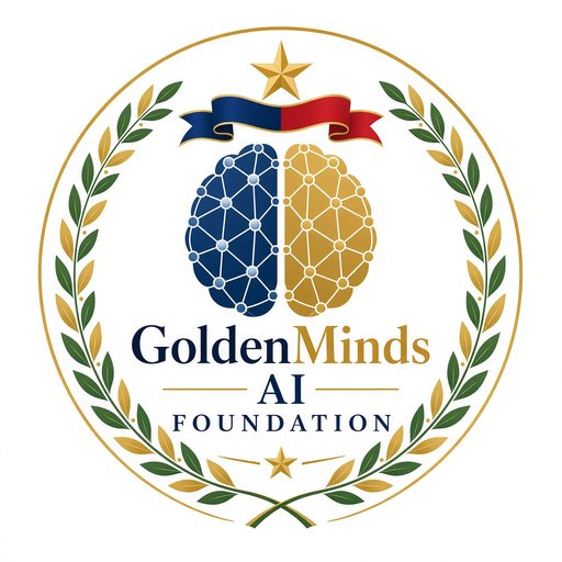 GoldenMinds AI Foundation badge: a navy and gold brain inside a laurel wreath with a red and navy ribbon and a gold star.