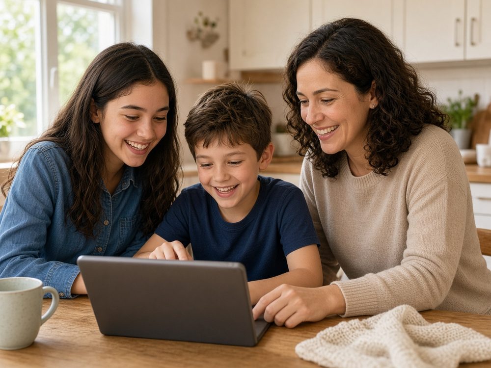 A teenage girl, a young boy, and an adult smile together at a tablet at a kitchen table.